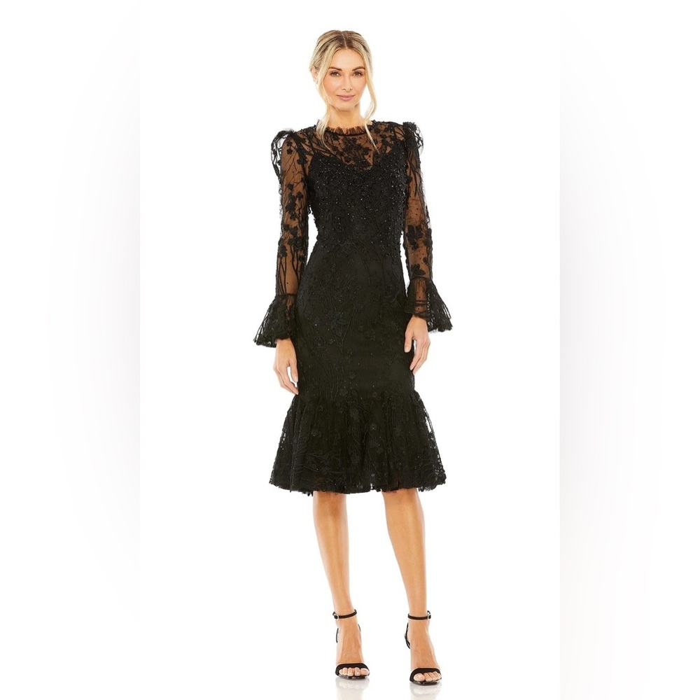 MAC DUGGAL Black Ruffle Wrist Embellished High Neck Midi size 6 - Picture 3 of 14
